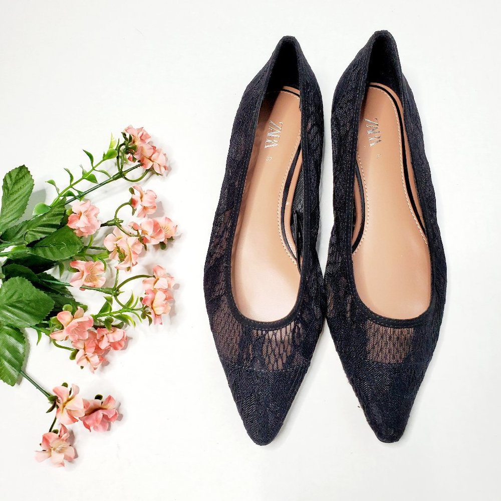 NWT Zara Size 5 Black Lace Pointy Ballerina Flats